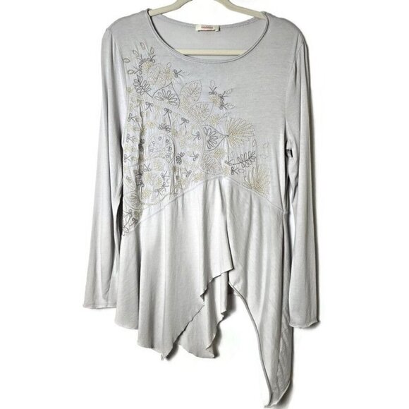 Sundance Gray Embroiderd Thin Long Sleeve Asymmetrical Shark Bite Blouse Top L - Picture 1 of 11